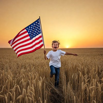 Boy waving American flag in wheat field