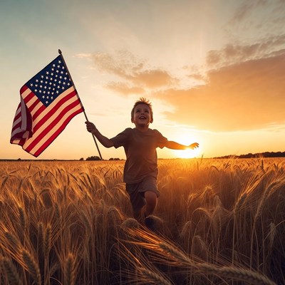 Boy waving American flag in wheat field
