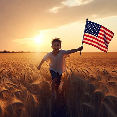 Boy running with American flag in wheat field