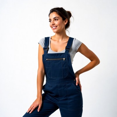 Woman in navy overalls smiling sideways