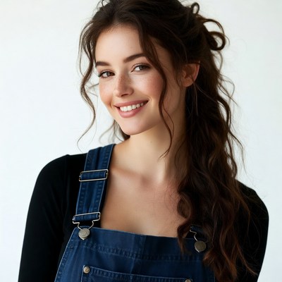 Smiling woman in denim overalls