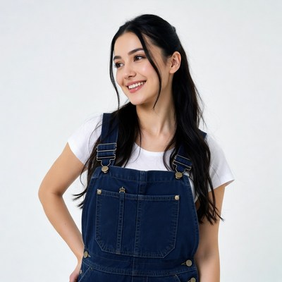 Asian woman in denim overalls smiling