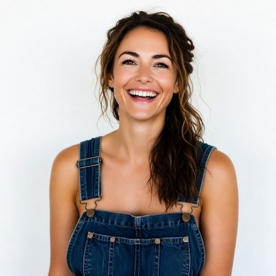 Smiling woman in denim overalls
