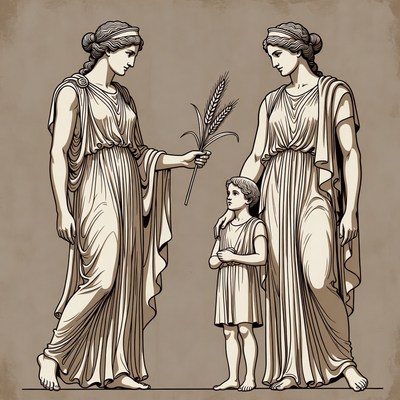 Two Women Offering Wheat to Boy