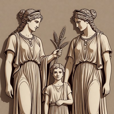 Two Women Holding Wheat with Boy