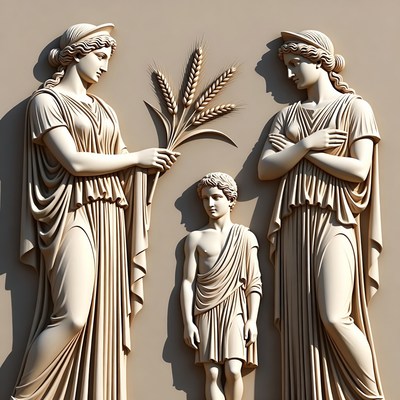 Ancient Greek Statue Women and Boy with Wheat