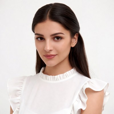 Woman in white ruffled blouse