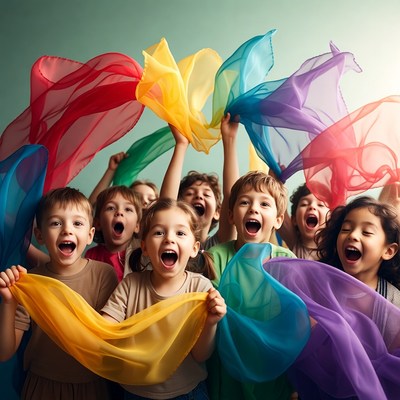 Happy children holding colorful scarves