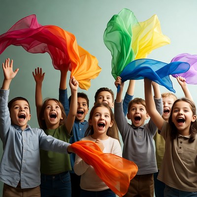 Children holding colorful scarves