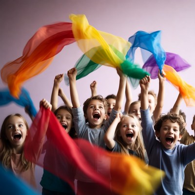 Children dancing with colorful scarves