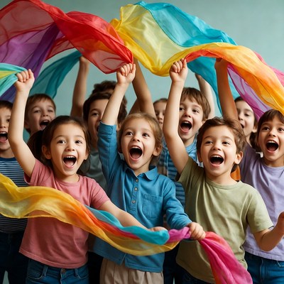 Group of children holding colorful scarves