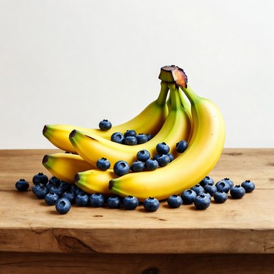 Bananas with Blueberries on Wooden Table