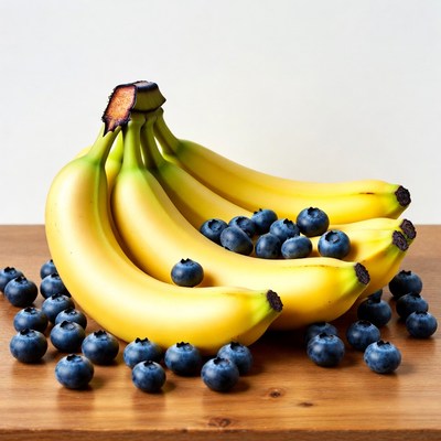 Bananas with Blueberries on Wooden Table