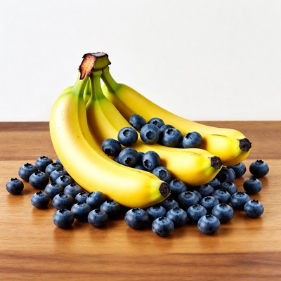 Bananas and Blueberries on Wooden Board