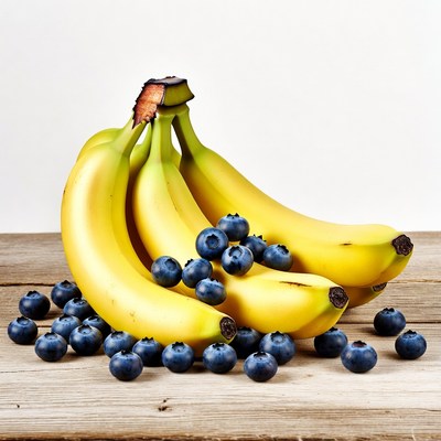 Bananas and Blueberries on Wooden Table
