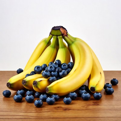 Bananas and Blueberries on Wooden Table
