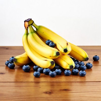 Bananas and Blueberries on Wooden Table