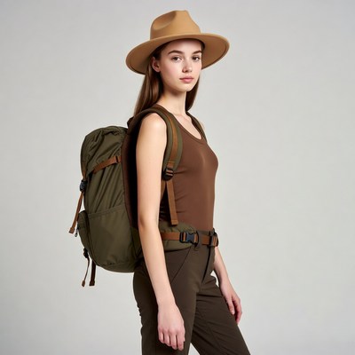 Young woman with backpack and hat