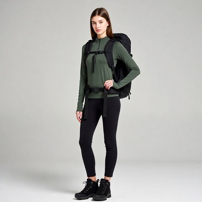 Woman wearing backpack and hiking gear