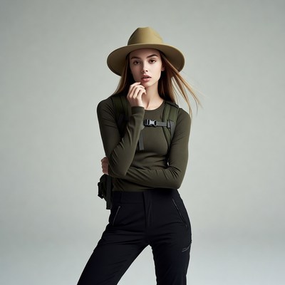 Woman in beige hat and green backpack