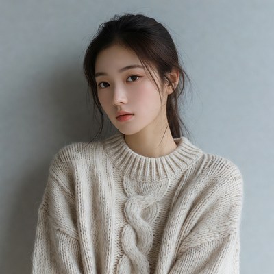Asian woman in white cable knit sweater