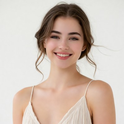 Smiling woman in white spaghetti strap dress