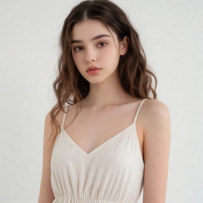 Young woman in white slip dress