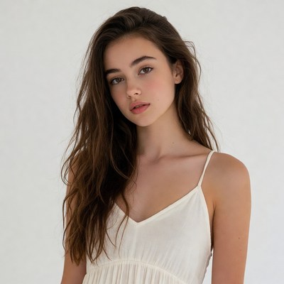 Young woman in white slip dress