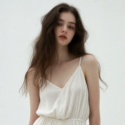 Young woman in white slip dress