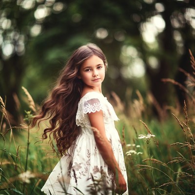 Girl in white dress in forest grass