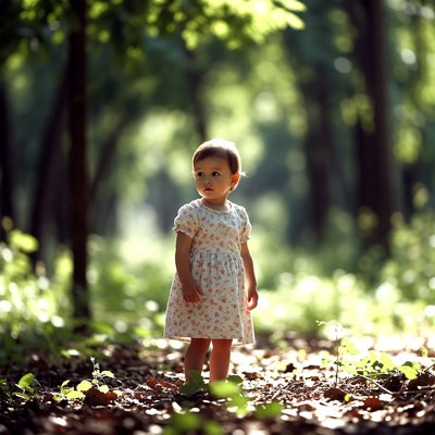 Baby girl in floral dress in forest