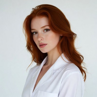 Redhead woman in white shirt
