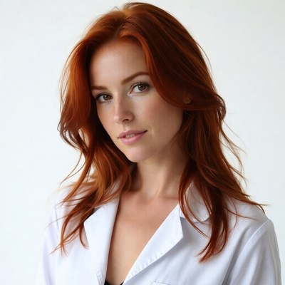 Redhead woman in white lab coat