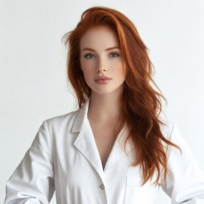 Redhead woman in white lab coat