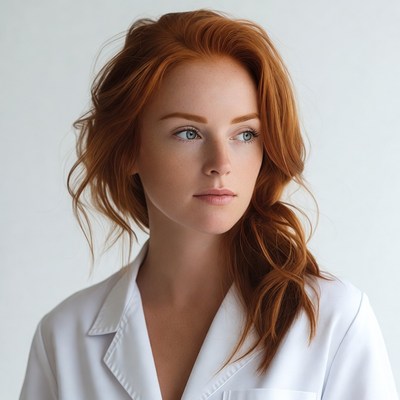 Redhead woman in white blouse