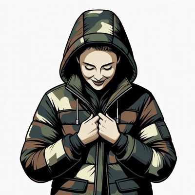 Woman zipping camouflage jacket