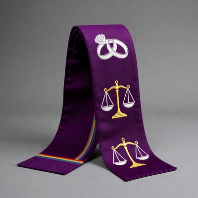 Purple Tie with Wedding Rings and Scales