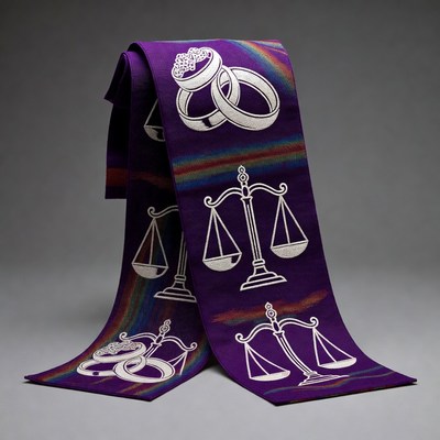 Purple sash with wedding rings and scales