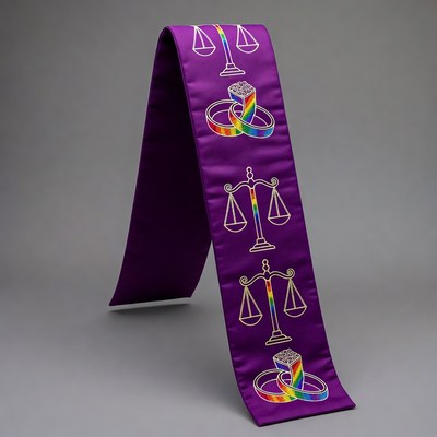 Purple stole with scales and rainbow rings