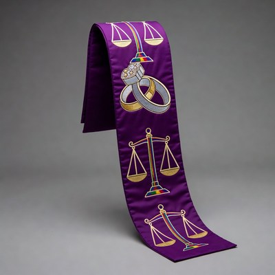 Purple stole with scales and wedding rings
