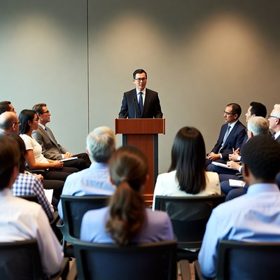 Asian man speaking at business meeting