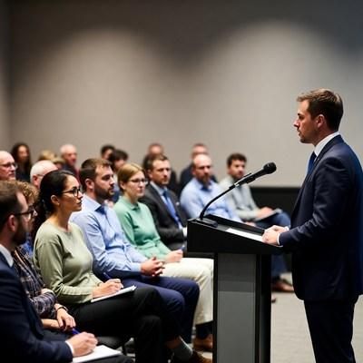 Man speaking at podium to audience