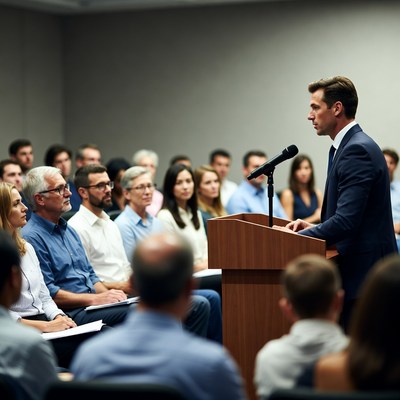 Man speaking at podium to audience