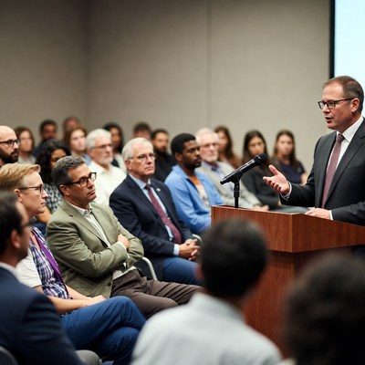 Man speaking at podium to audience