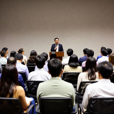 Asian man speaking at podium to audience