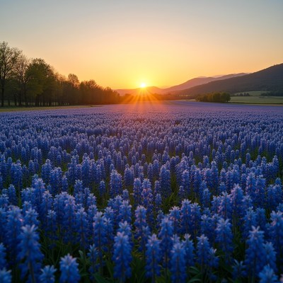 Lavender Field at Sunrise with Mountains