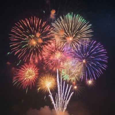 Colorful Fireworks Exploding in Night Sky
