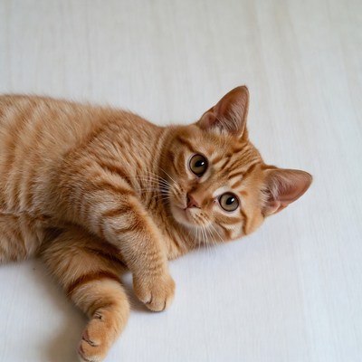 Orange kitten lying on white background