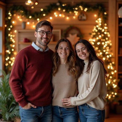 Smiling Family Posing by Christmas Tree