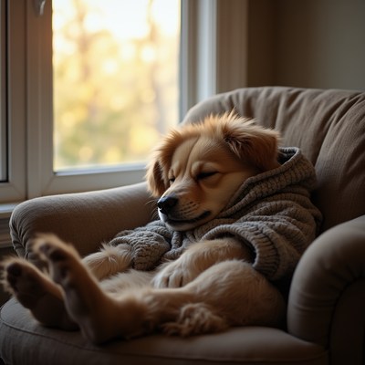 Golden Retriever Puppy in Hoodie on Chair